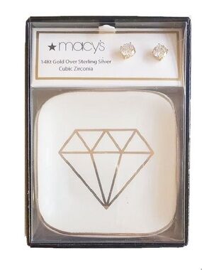 14K Gold-plated Silver 6mm Round CZ Stud Earrings Gift Set with Ceramic Tray NWT